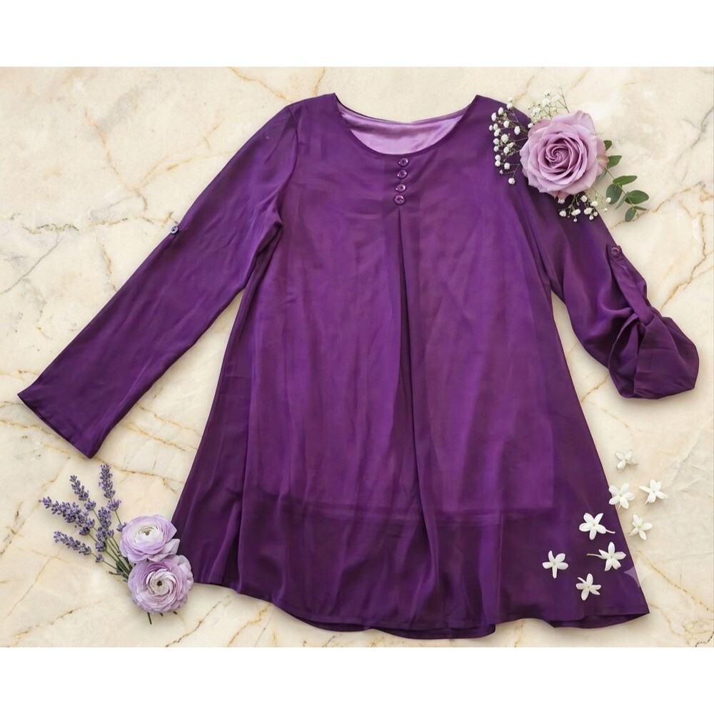 Women’s S Purple Lined Tunic Blouse Long Sleeve Roll Tab 3/4 Option Button Front